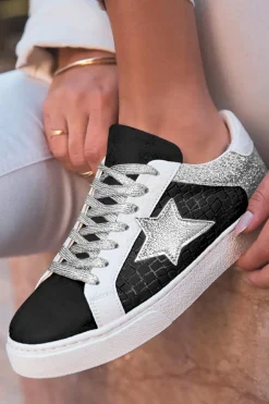 Fashion Dear-Lover Glitter Star Patchwork PU Leather Lace-up Sneakers Color black