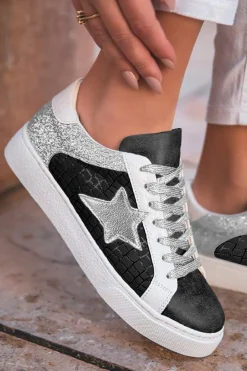 Fashion Dear-Lover Glitter Star Patchwork PU Leather Lace-up Sneakers Color black