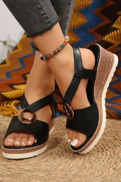 Online Dear-Lover Leather Crossed Strap Metal Decor Wedge Sandals Color black