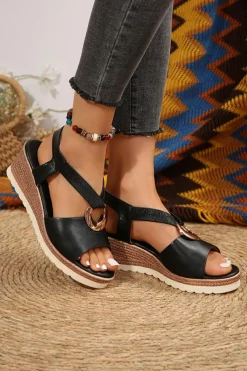 Online Dear-Lover Leather Crossed Strap Metal Decor Wedge Sandals Color black