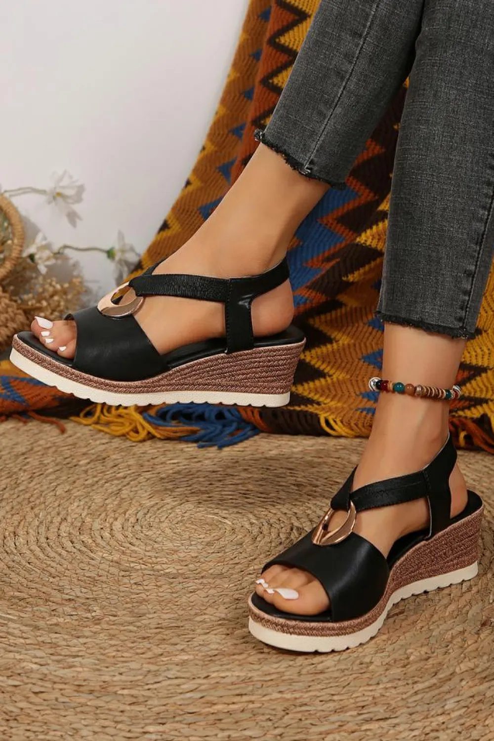 Online Dear-Lover Leather Crossed Strap Metal Decor Wedge Sandals Color black