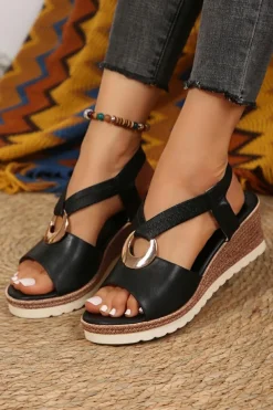 Online Dear-Lover Leather Crossed Strap Metal Decor Wedge Sandals Color black