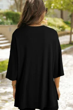 Fashion Dear-Lover Solid Color Loose Tunic Top and Slim Shorts Set Color black