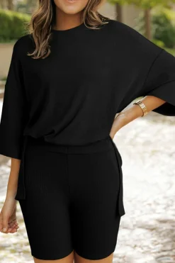 Fashion Dear-Lover Solid Color Loose Tunic Top and Slim Shorts Set Color black