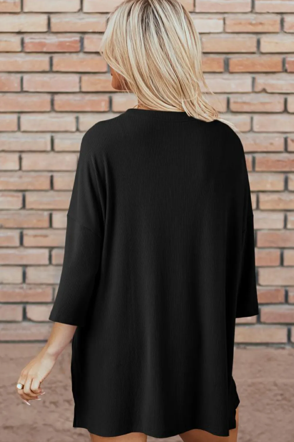 Fashion Dear-Lover Solid Color Loose Tunic Top and Slim Shorts Set Color black