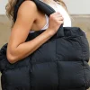 Clearance Dear-Lover Solid Quilted Puffy Zipped Large Tote Bag Color black