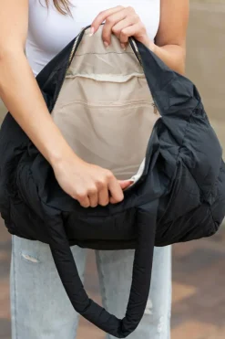 Clearance Dear-Lover Solid Quilted Puffy Zipped Large Tote Bag Color black
