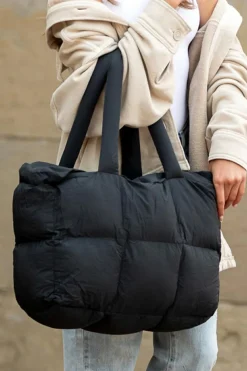 Clearance Dear-Lover Solid Quilted Puffy Zipped Large Tote Bag Color black
