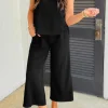 Hot Dear-Lover Textured Knit Cap Sleeve T Shirt and Wide Leg Pants Set Color black