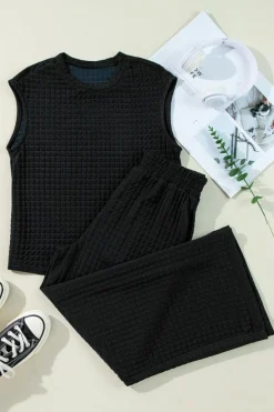 Hot Dear-Lover Textured Knit Cap Sleeve T Shirt and Wide Leg Pants Set Color black