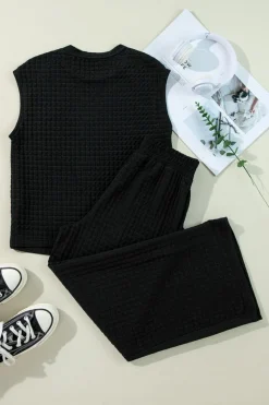 Hot Dear-Lover Textured Knit Cap Sleeve T Shirt and Wide Leg Pants Set Color black