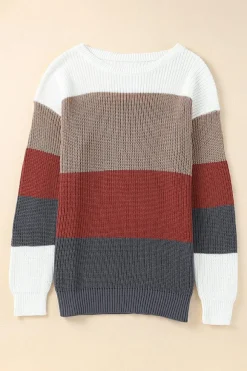 Discount Dear-Lover Color Block Knitted O-neck Pullover Sweater Fiery Red