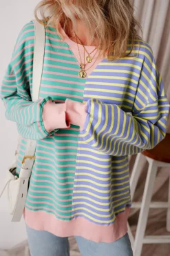 Sale Dear-Lover Colorblock Drop Shoulder Oversize Sweatshirt Sky Blue Stripe