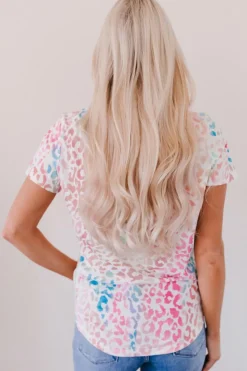 Online Dear-Lover Colorful V Neck Short Sleeve Top Leopard