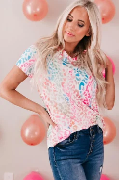 Online Dear-Lover Colorful V Neck Short Sleeve Top Leopard