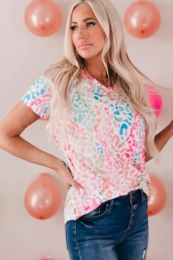 Online Dear-Lover Colorful V Neck Short Sleeve Top Leopard