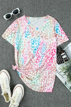 Online Dear-Lover Colorful V Neck Short Sleeve Top Leopard