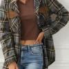 Sale Dear-Lover Contrast Hooded Drawstring Plaid Shacket Gray