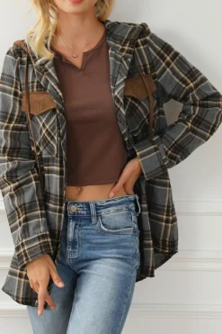 Sale Dear-Lover Contrast Hooded Drawstring Plaid Shacket Gray