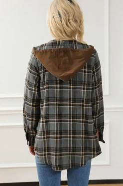 Sale Dear-Lover Contrast Hooded Drawstring Plaid Shacket Gray