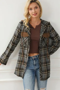 Sale Dear-Lover Contrast Hooded Drawstring Plaid Shacket Gray