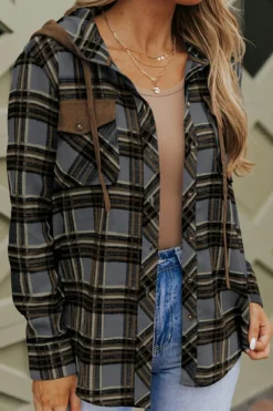 Sale Dear-Lover Contrast Hooded Drawstring Plaid Shacket Gray