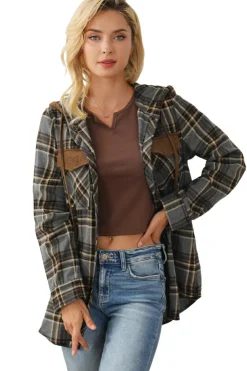 Sale Dear-Lover Contrast Hooded Drawstring Plaid Shacket Gray
