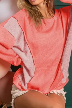 Hot Dear-Lover Contrast Patchwork Kangaroo Pocket Sweatshirt Fiery Red