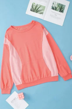 Hot Dear-Lover Contrast Patchwork Kangaroo Pocket Sweatshirt Fiery Red