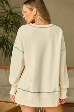 Best Dear-Lover Contrast Stitching Split Baggy Sweatshirt White