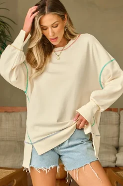 Best Dear-Lover Contrast Stitching Split Baggy Sweatshirt White