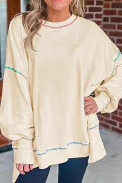 Best Dear-Lover Contrast Stitching Split Baggy Sweatshirt White
