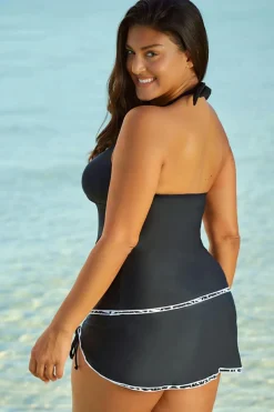 Sale Dear-Lover Contrast Trim Royal Blue Halter Tankini Top with Swimsuit Skirt Tankini Set Black white lace