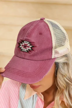 Best Dear-Lover Aztec Pattern Cotton Distressed Baseball Cap Coral