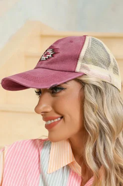 Best Dear-Lover Aztec Pattern Cotton Distressed Baseball Cap Coral