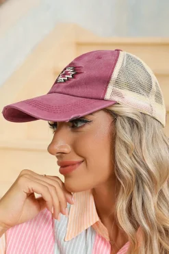Best Dear-Lover Aztec Pattern Cotton Distressed Baseball Cap Coral
