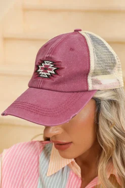Best Dear-Lover Aztec Pattern Cotton Distressed Baseball Cap Coral