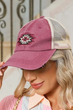 Best Dear-Lover Aztec Pattern Cotton Distressed Baseball Cap Coral