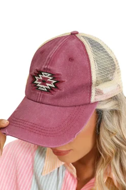 Best Dear-Lover Aztec Pattern Cotton Distressed Baseball Cap Coral