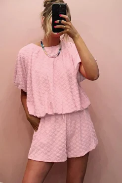 Best Dear-Lover Daisy Jacquard Textured Casual Short Set Coral Paradise