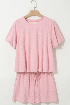 Best Dear-Lover Daisy Jacquard Textured Casual Short Set Coral Paradise