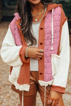 Sale Dear-Lover Quilted Textured Patchwork Loose Fit Hooded Jacket Coral