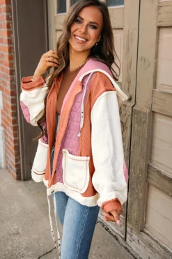 Sale Dear-Lover Quilted Textured Patchwork Loose Fit Hooded Jacket Coral