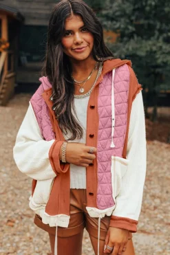 Sale Dear-Lover Quilted Textured Patchwork Loose Fit Hooded Jacket Coral