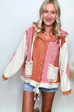 Sale Dear-Lover Quilted Textured Patchwork Loose Fit Hooded Jacket Coral