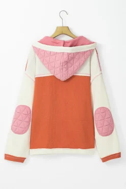 Sale Dear-Lover Quilted Textured Patchwork Loose Fit Hooded Jacket Coral