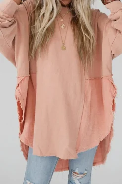 Discount Dear-Lover Crinkle Splicing Raw Hem High Low Oversized Blouse Orange