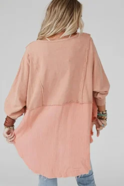Discount Dear-Lover Crinkle Splicing Raw Hem High Low Oversized Blouse Orange