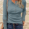 Discount Dear-Lover Crochet Lace Hem Sleeve Button Top Gray