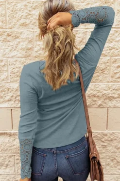Discount Dear-Lover Crochet Lace Hem Sleeve Button Top Gray